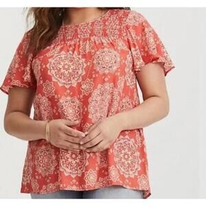 Torrid Mandela Abstract Print Coral Smocked Top Plus Size